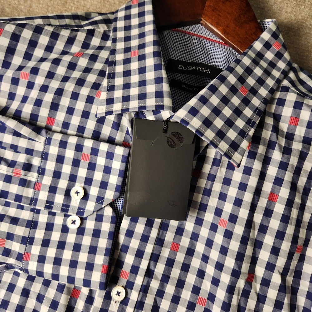 Bugatchi Button Up Shirt Mens XL Blue White Gingham Red Embroidered Classic Fit